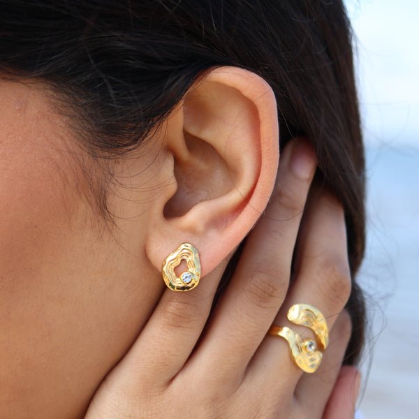 Oasis Ear Studs – Sterling Silver & Gold with Blue Topaz