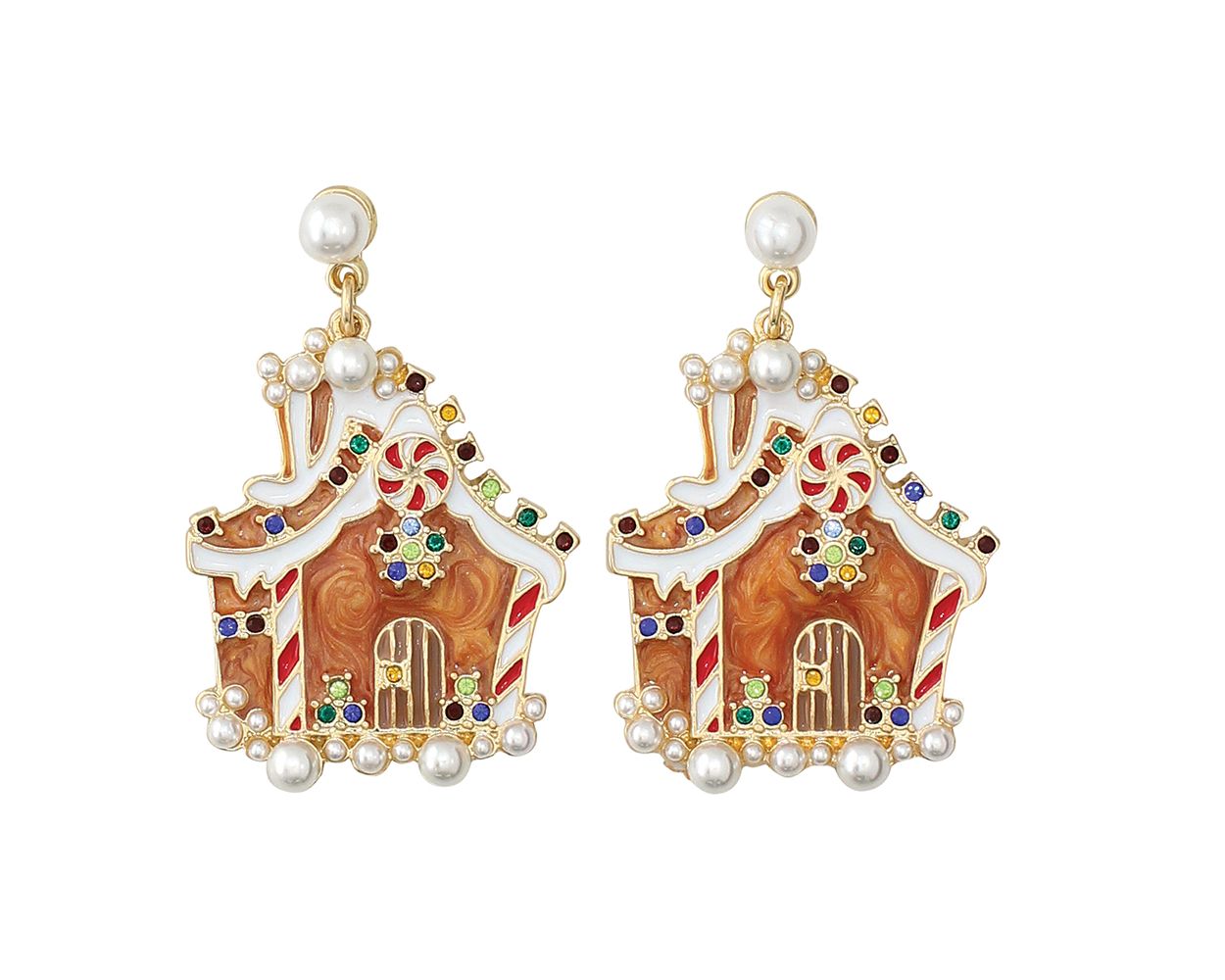 Gingerbread House Earrings featuring colorful candy accents and faux pearls, perfect for festive occasions.