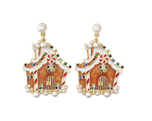Gingerbread House Earrings featuring colorful candy accents and faux pearls, perfect for festive occasions.