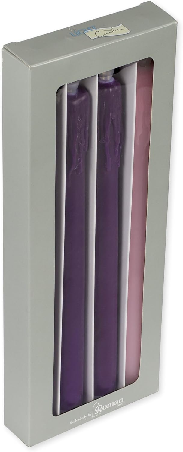LED Advent Candle Set - 10 Inch - 4-piece in a gift box with three purple and one pink candle.