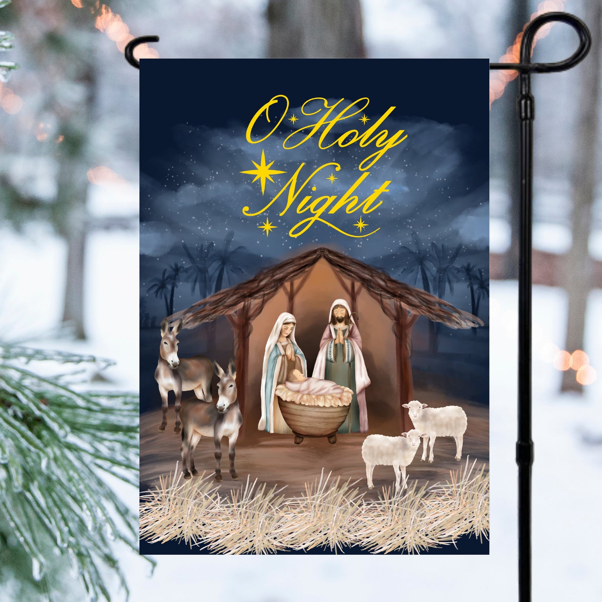 O Holy Night Christmas Garden Flag featuring a nativity scene with Mary, Joseph, and animals in winter background.