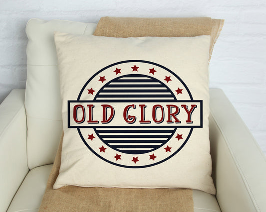 Old Glory Independence Day Pillow Cover 18x18 inch with navy blue and dark red design on an oatmeal background.