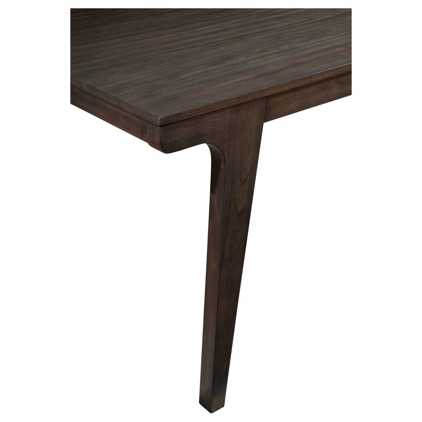 Olejo Dining Table edge and leg detail showcasing warm chocolate finish and elegant design.