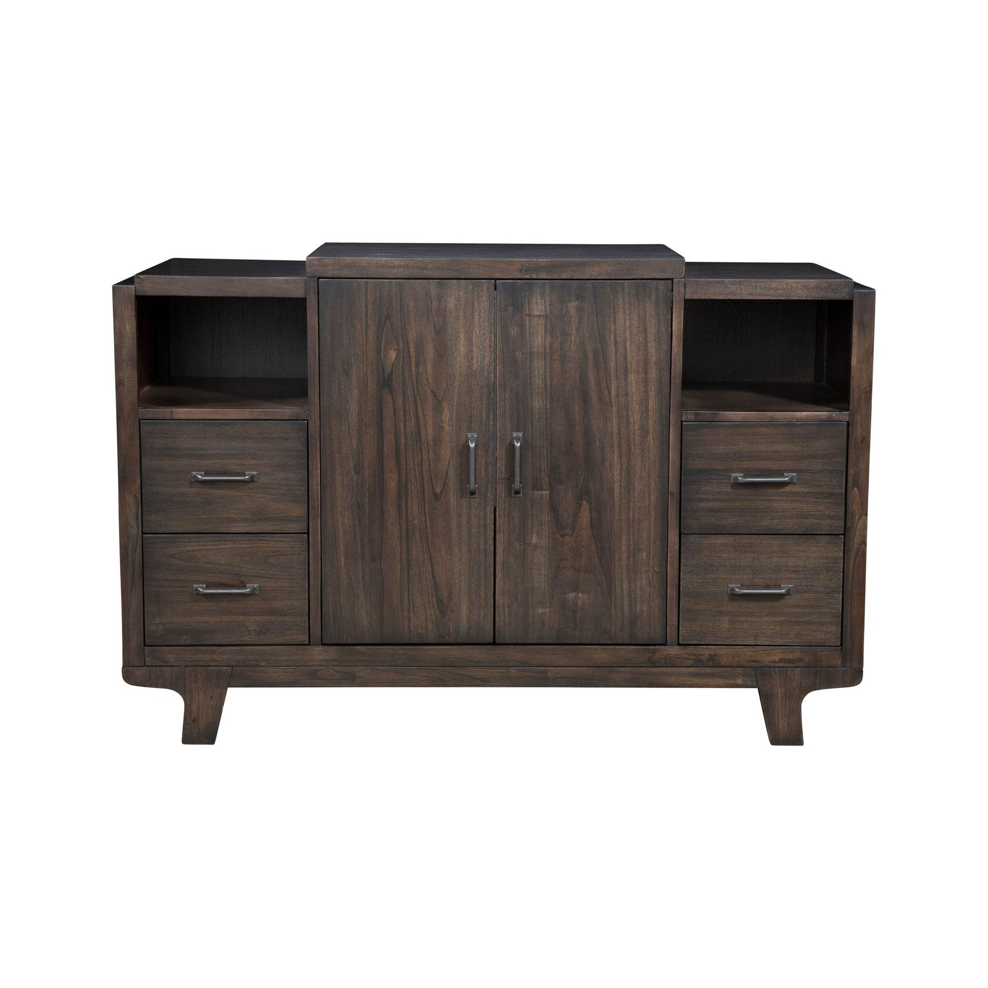 Olejo Server in chocolate brown finish with storage drawers and cabinets, perfect for dining room furniture.