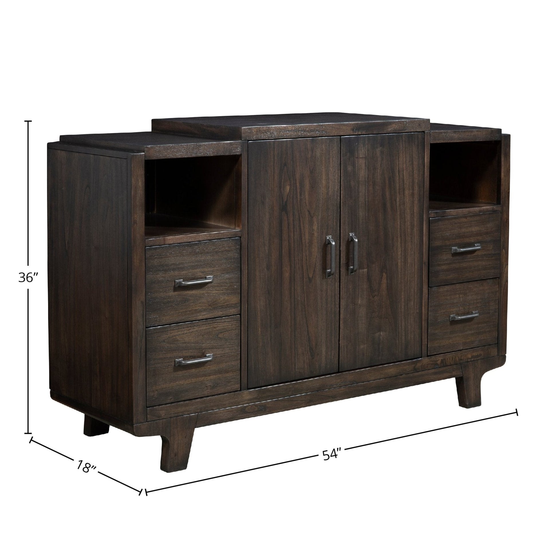 Olejo Server in warm chocolate brown finish with two doors and drawers for stylish dining organization.