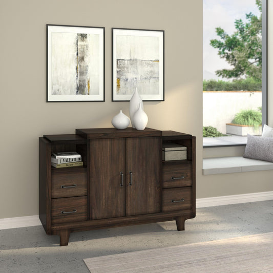 Olejo Server in chocolate brown finish, featuring drawers and shelves, ideal for dining room decor.