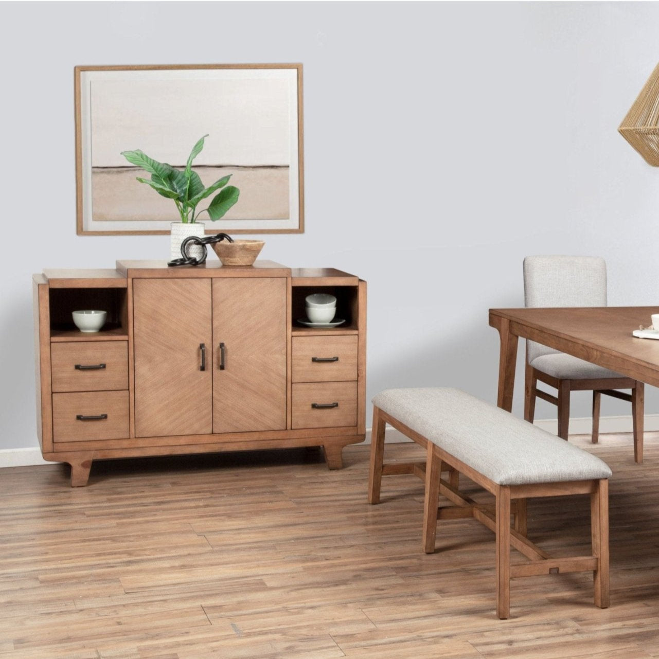 Olejo Server in natural finish, showcasing a stylish dining room with bench and modern decor.