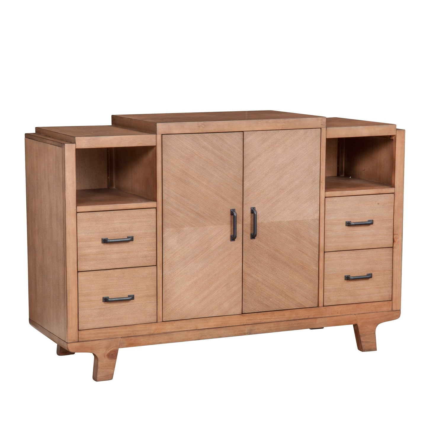 Olejo Server in natural color showcasing elegant design with storage drawers and open shelves.
