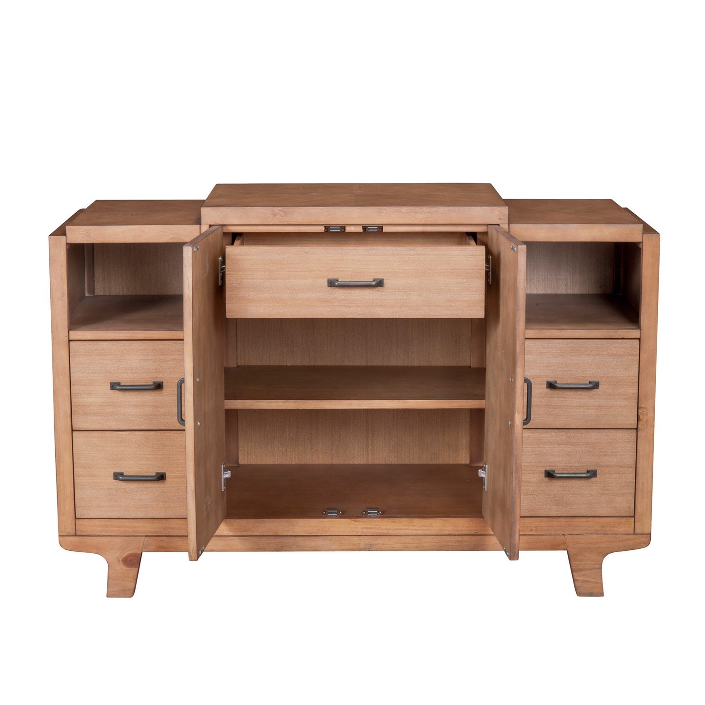Olejo Server in Natural finish with multiple drawers and shelves for stylish and functional dining storage.