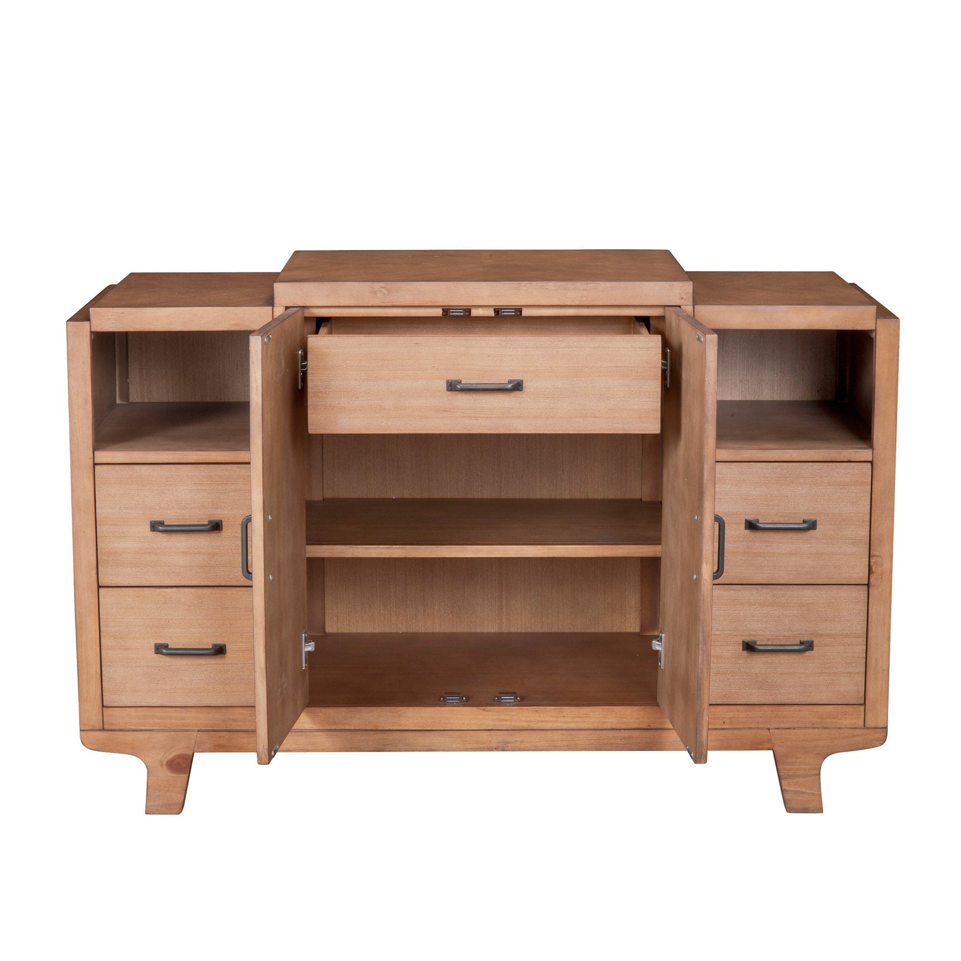 Olejo Server in Natural finish with multiple drawers and shelves for stylish and functional dining storage.