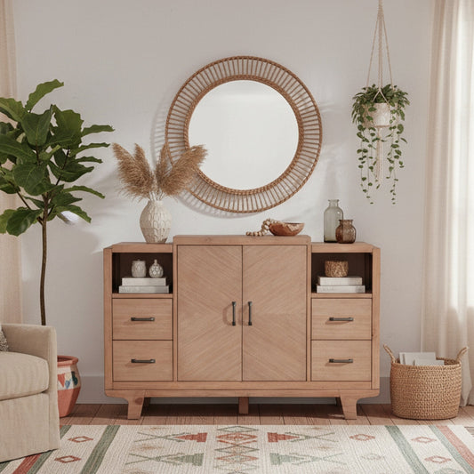 Olejo Server in Natural color showcased in a modern dining room with plants and decorative elements.