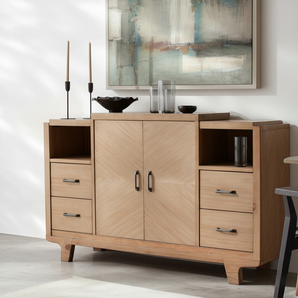 Olejo Server in Natural finish, showcasing elegant design with storage cabinets and stylish decor elements.