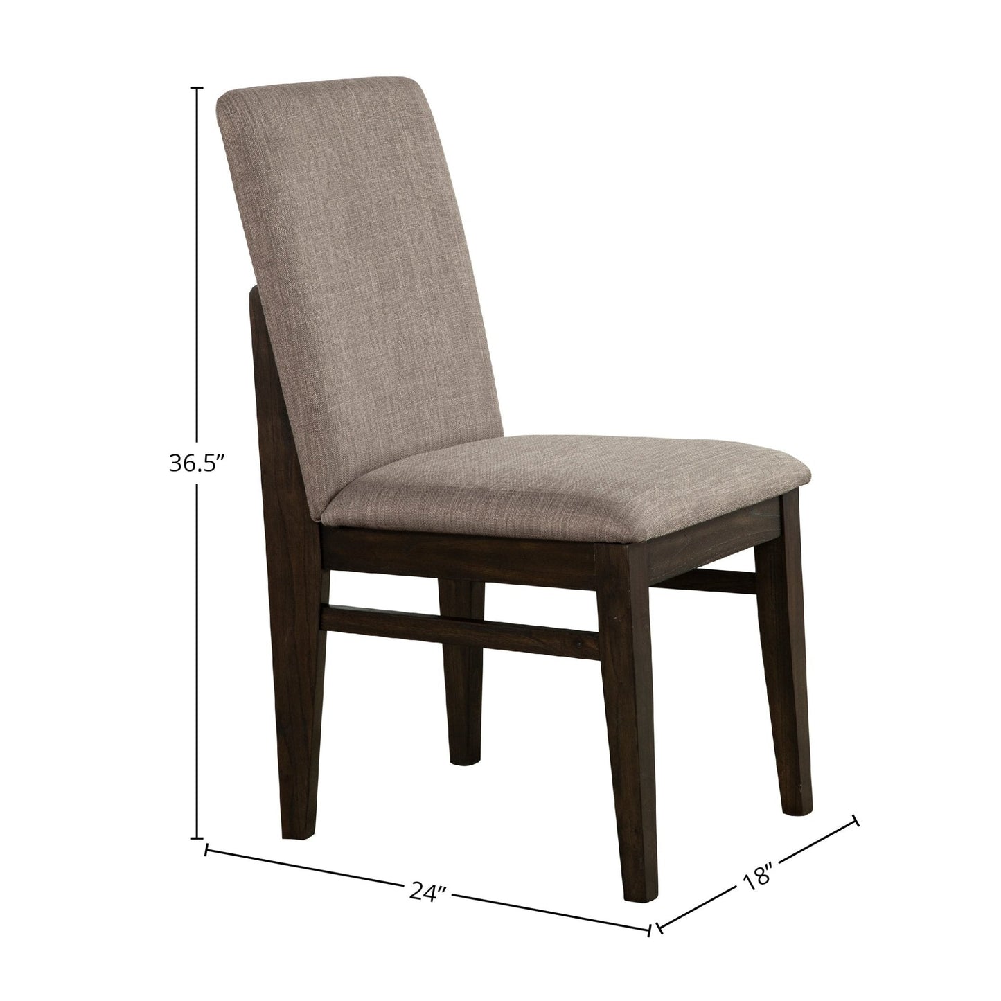 Olejo Side Chairs in chocolate finish, showcasing modern design and dimensions 36.5" height, 24" width, 18" depth.