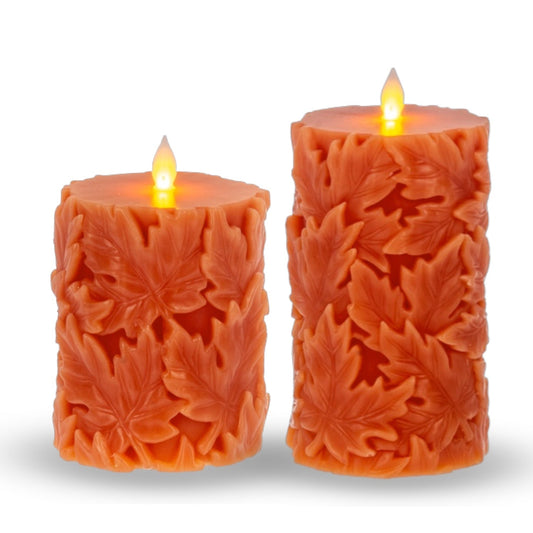 Orange Engraved Leaf LED Flameless Pillar Candle | 2 Sizes