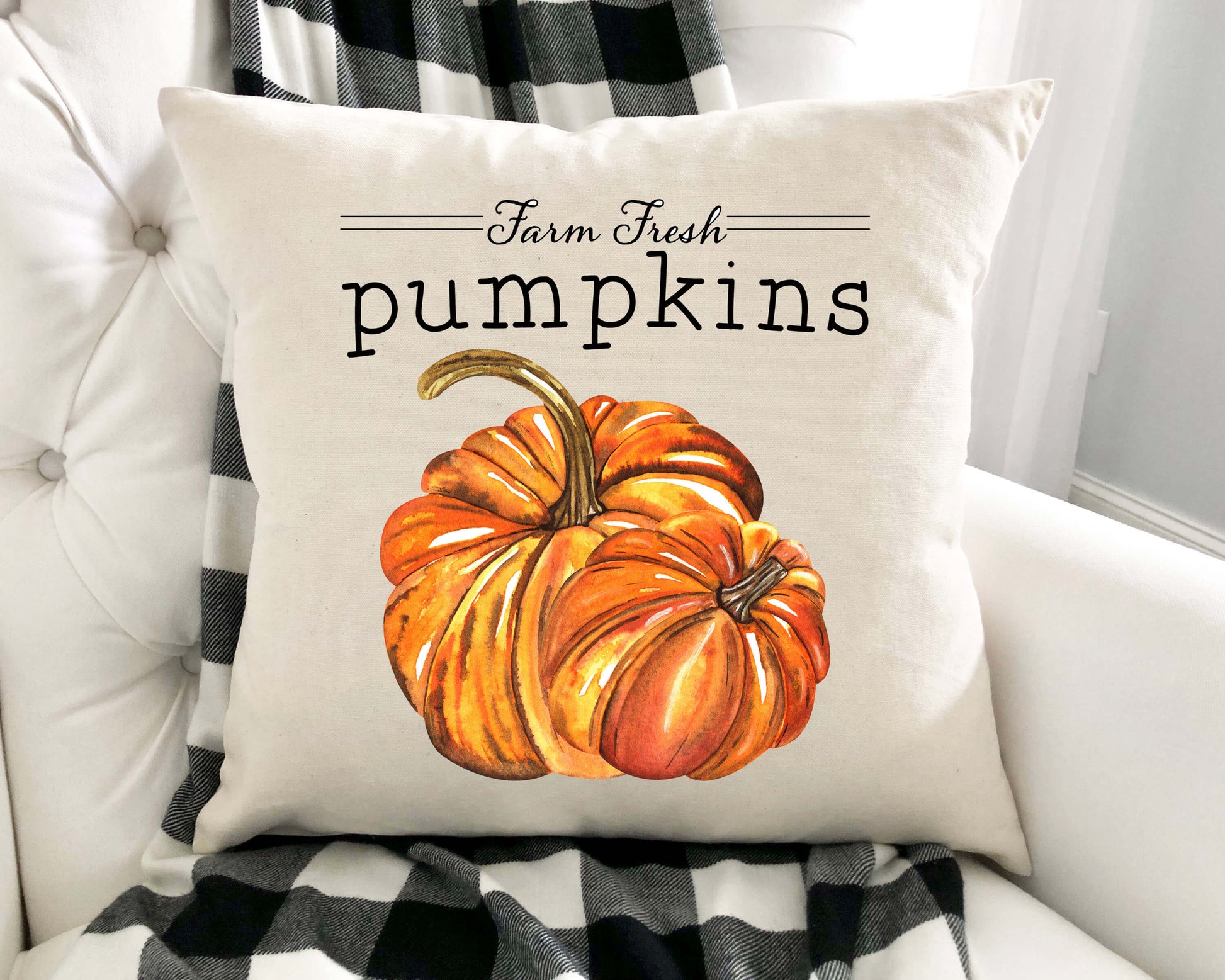 Orange Painted Pumpkins Pillow Cover 18x18 inch featuring a vibrant pumpkin design on a soft beige background.
