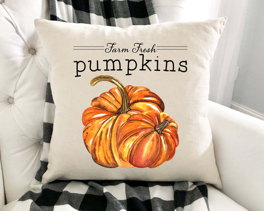 Orange Painted Pumpkins Pillow Cover 18x18 inch featuring a vibrant pumpkin design on a soft beige background.