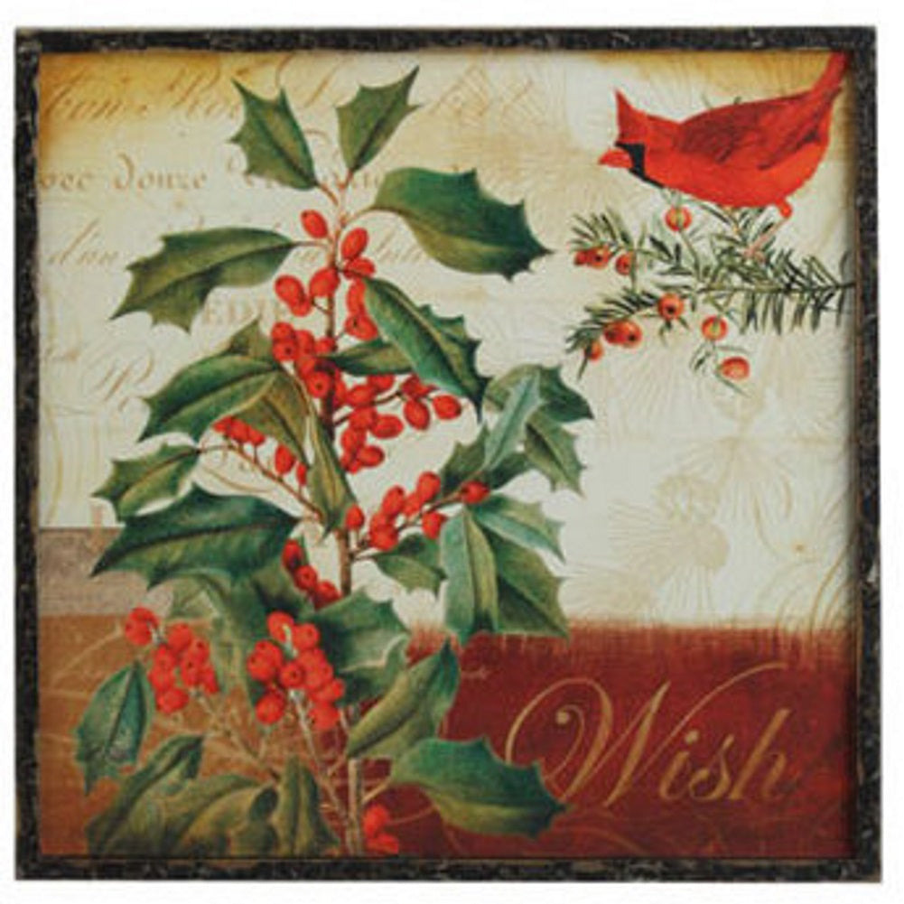14 inch Wooden Cardinal Print - Red Poinsettia