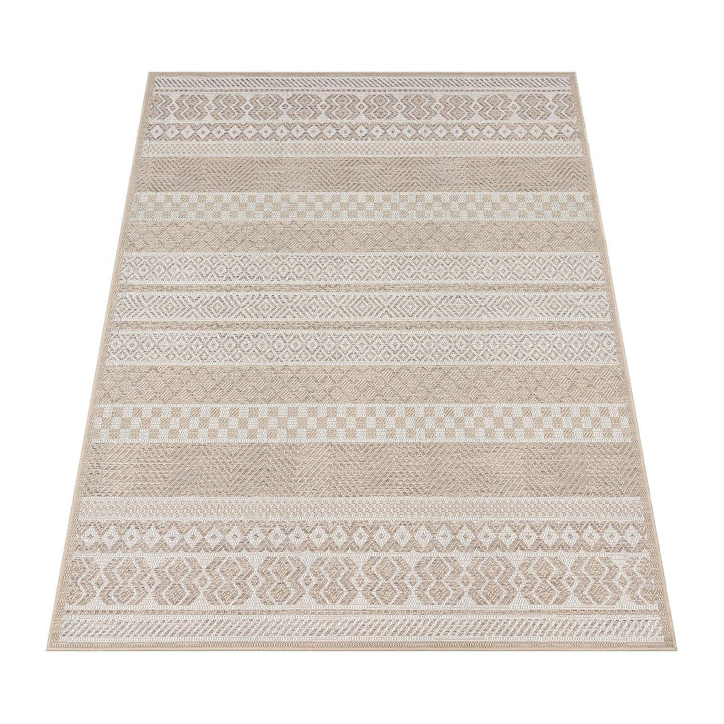 Outdoor Rug for Patio or Balcony Modern flatweave Boho ornaments in Cream Beige