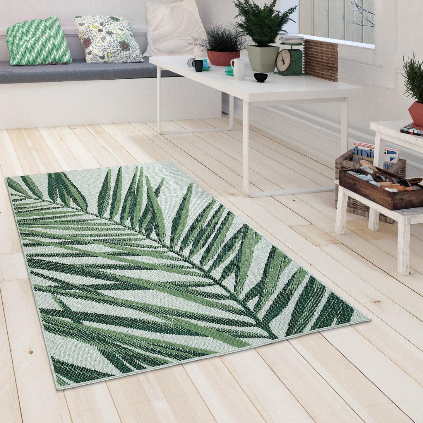 Outdoor Rug Green Beige with Palm Leaf Pattern for Patio Terrace Flat Weave