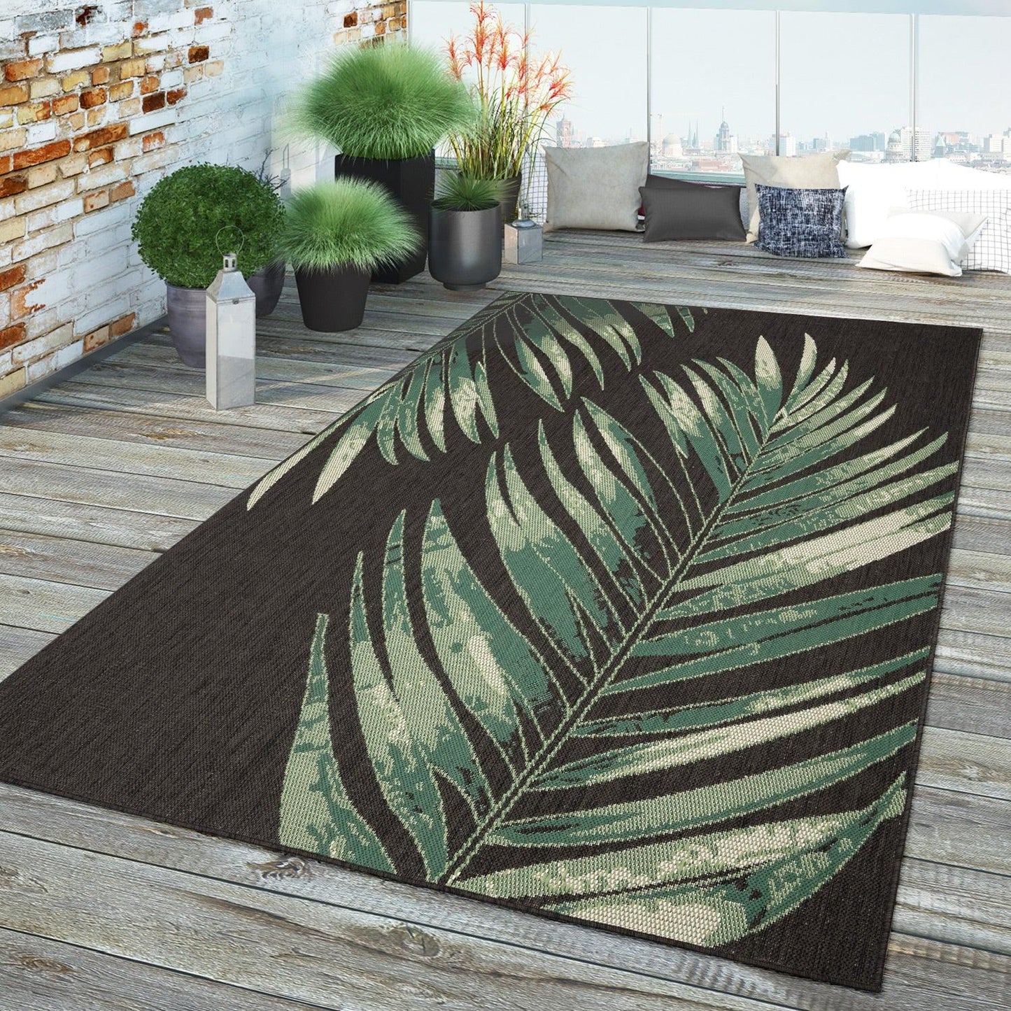Outdoor Rug Ostende Palm Leaf Design Waterproof - Black Green