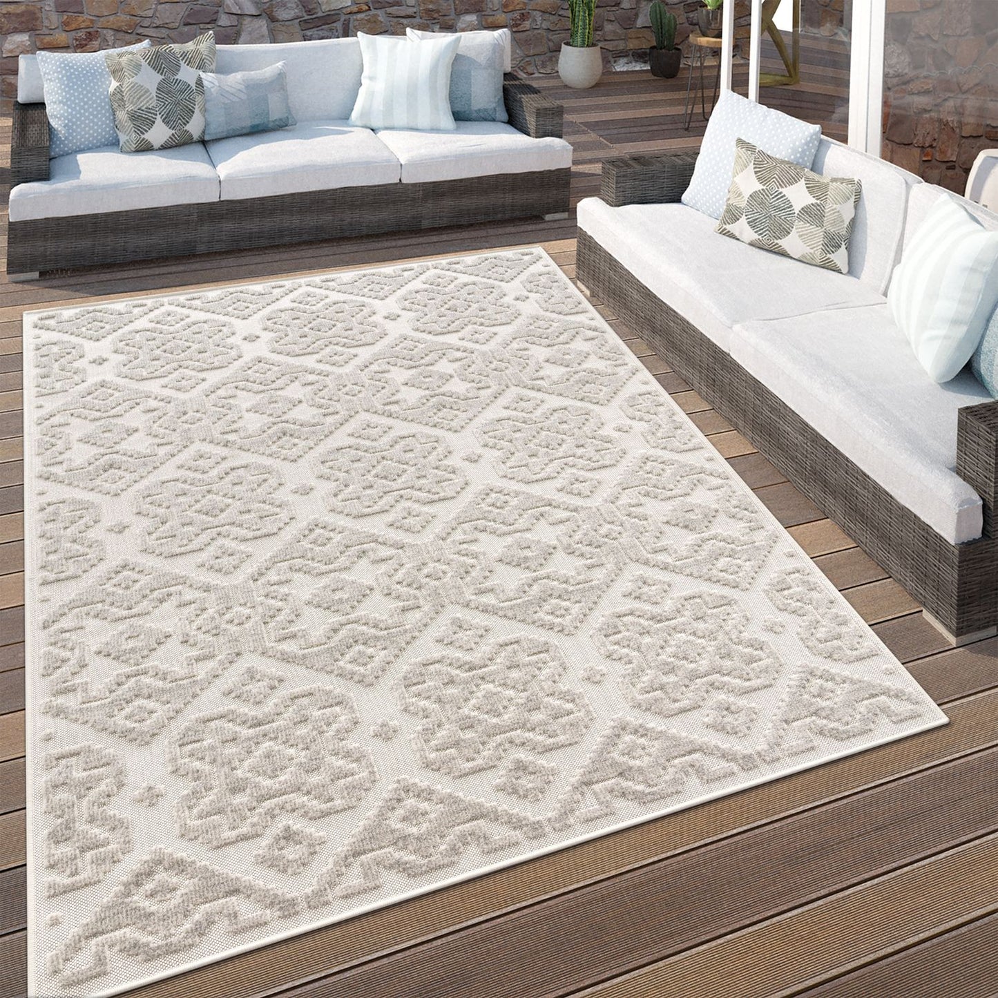 In- & Outdoor Rug Marrakesh High/Low Effect Trellis in Cream