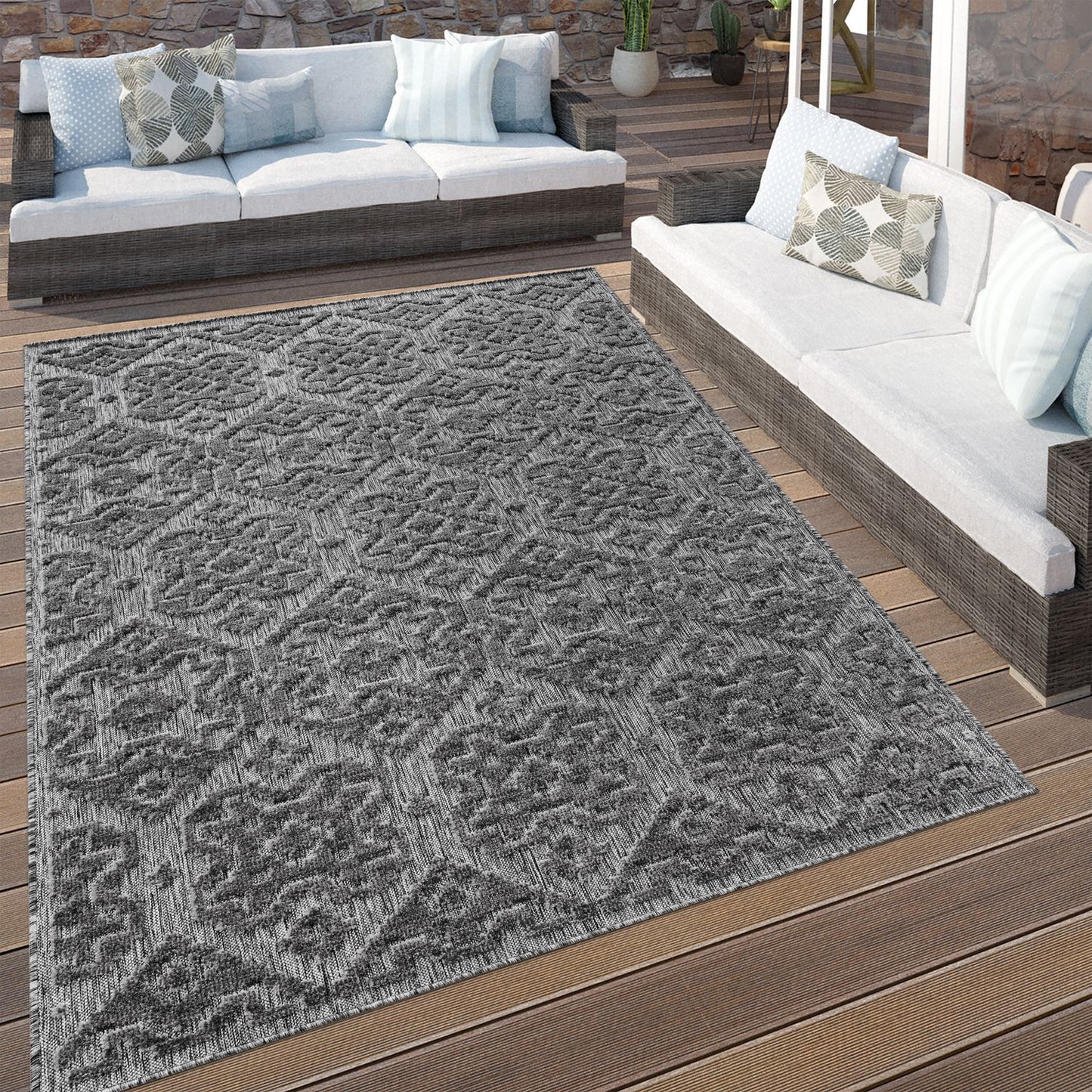 In- & Outdoor Rug Marrakesh High-Low Diamond Effect Pattern Anthracite