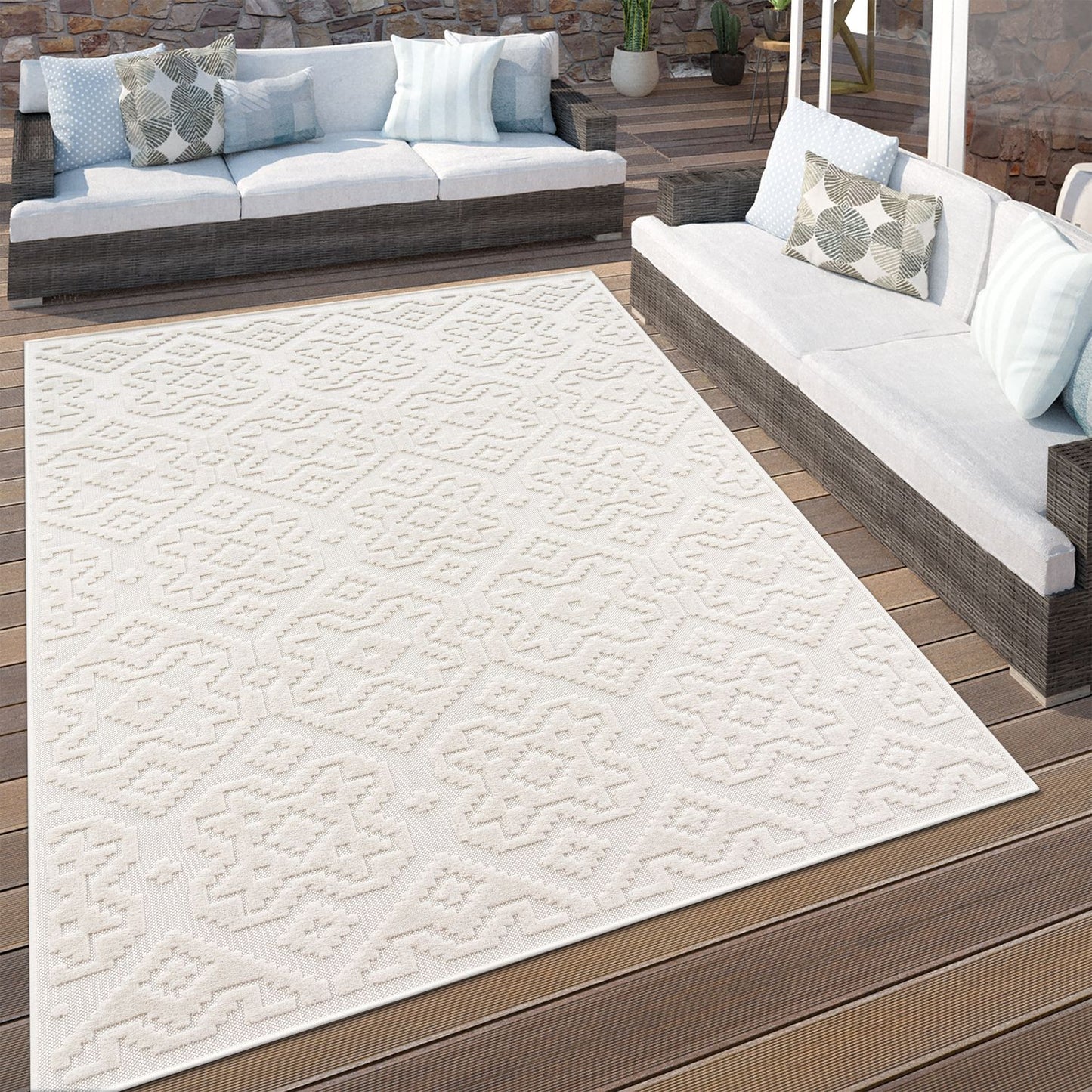 In- & Outdoor Rug Marrakesh High-Low Diamond Effect Pattern Cream