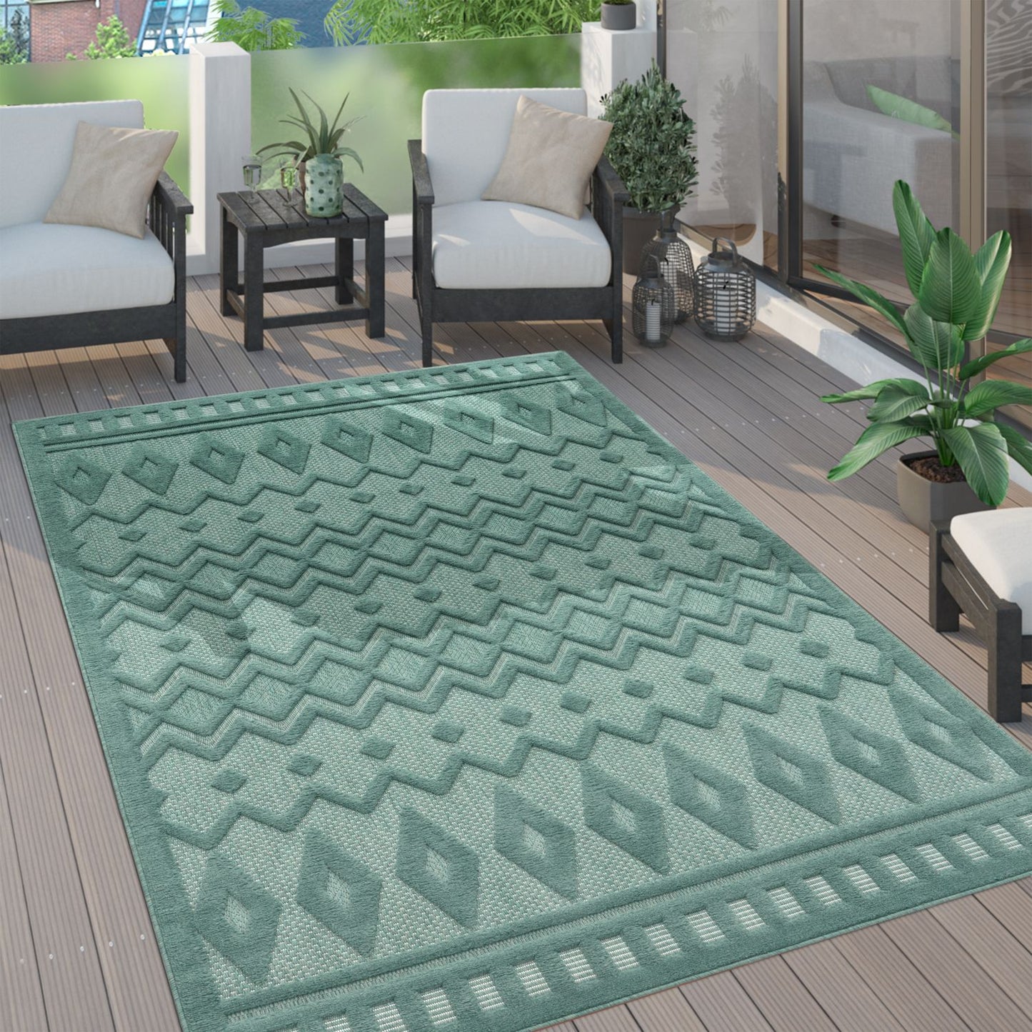 Indoor Outdoor Rug Livorno Geometric Trellis Pattern In Turquoise