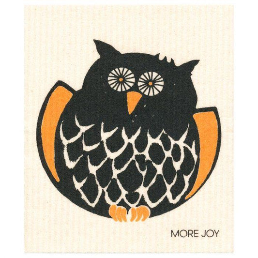 Owl Swedish Dishcloth in orange and black featuring a wise owl design, perfect for Halloween or Fall kitchen decor.