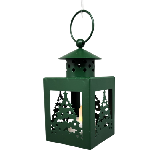 B/O Lighted Metal Holiday Lantern with LED Tealight - Green
