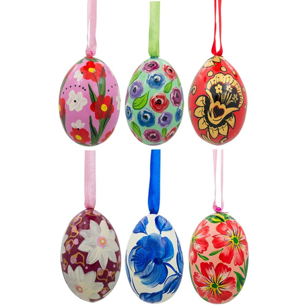 Set of 6 Pink, Green, Red Flower Wooden Floral Egg Christmas Ornaments 3 Inches