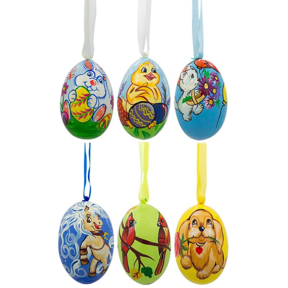 Set of 6- Chick, Cardinal Bird, Cat, Dog Wooden Christmas Ornaments 3 Inches