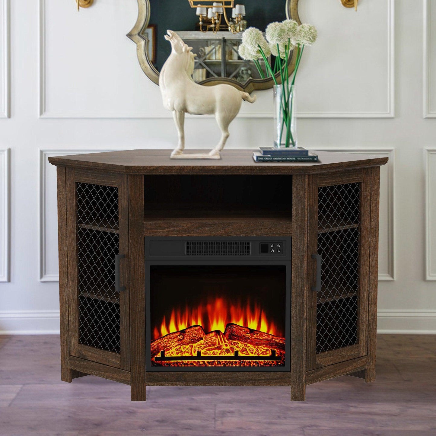 45" Corner Electric Fireplace TV Stands Console Table Insert 18" Electric Fireplace with 2 Metal Mesh Doors