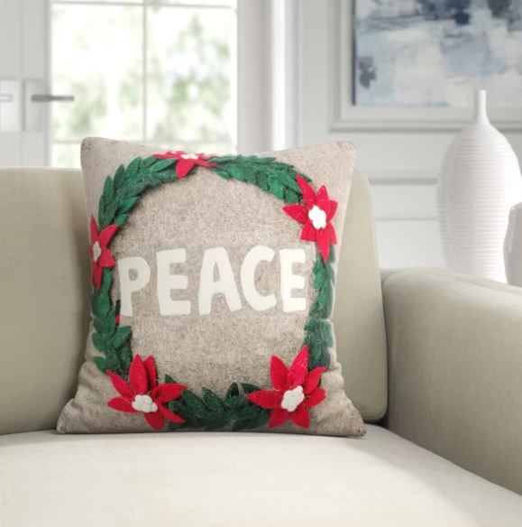 Hand Felted Wool Christmas Pillow - PEACE Wreath Natural Gray - 20" Arcadia Home