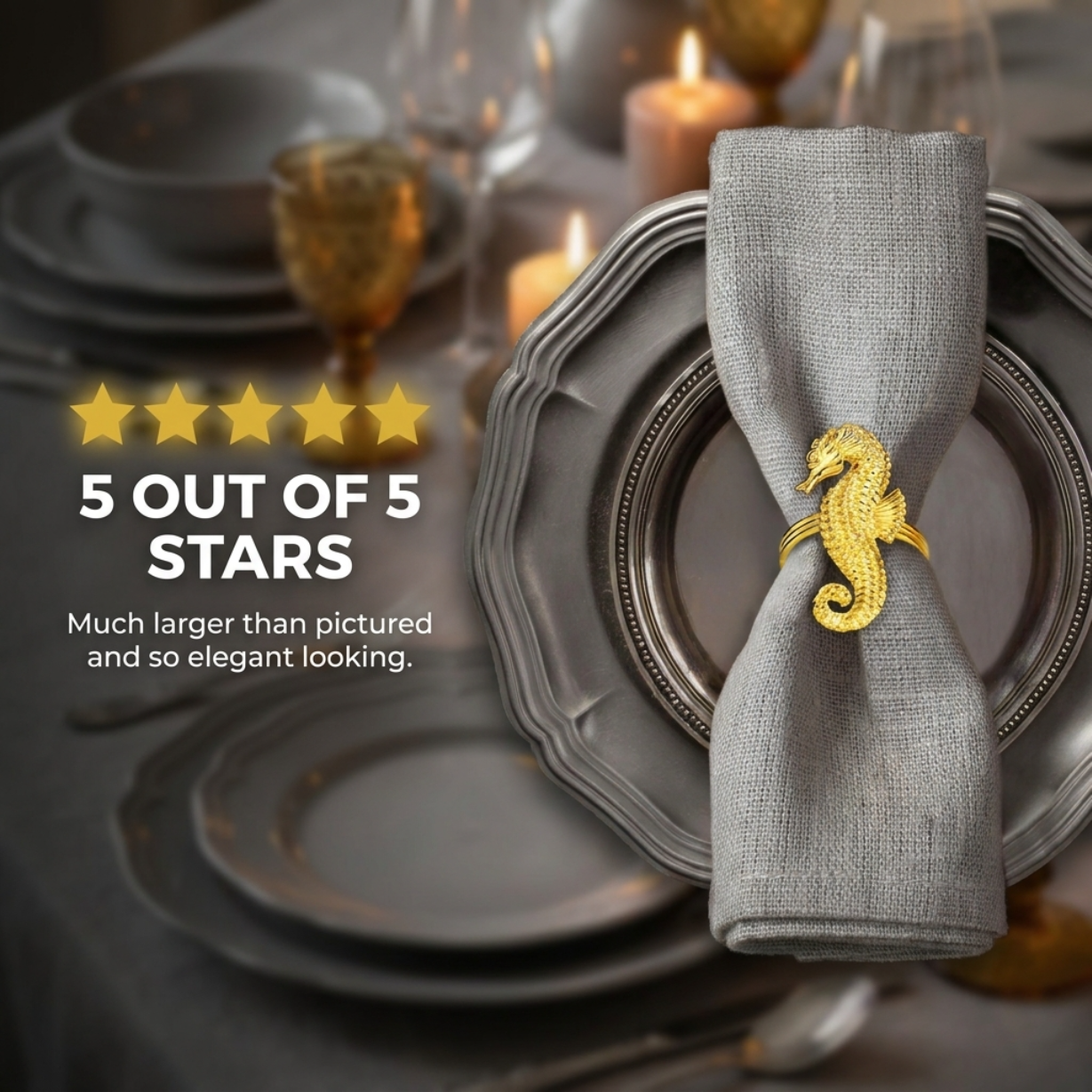 Gold Seahorse Napkin Rings – Elegant Coastal Table Decor Rings for Dining