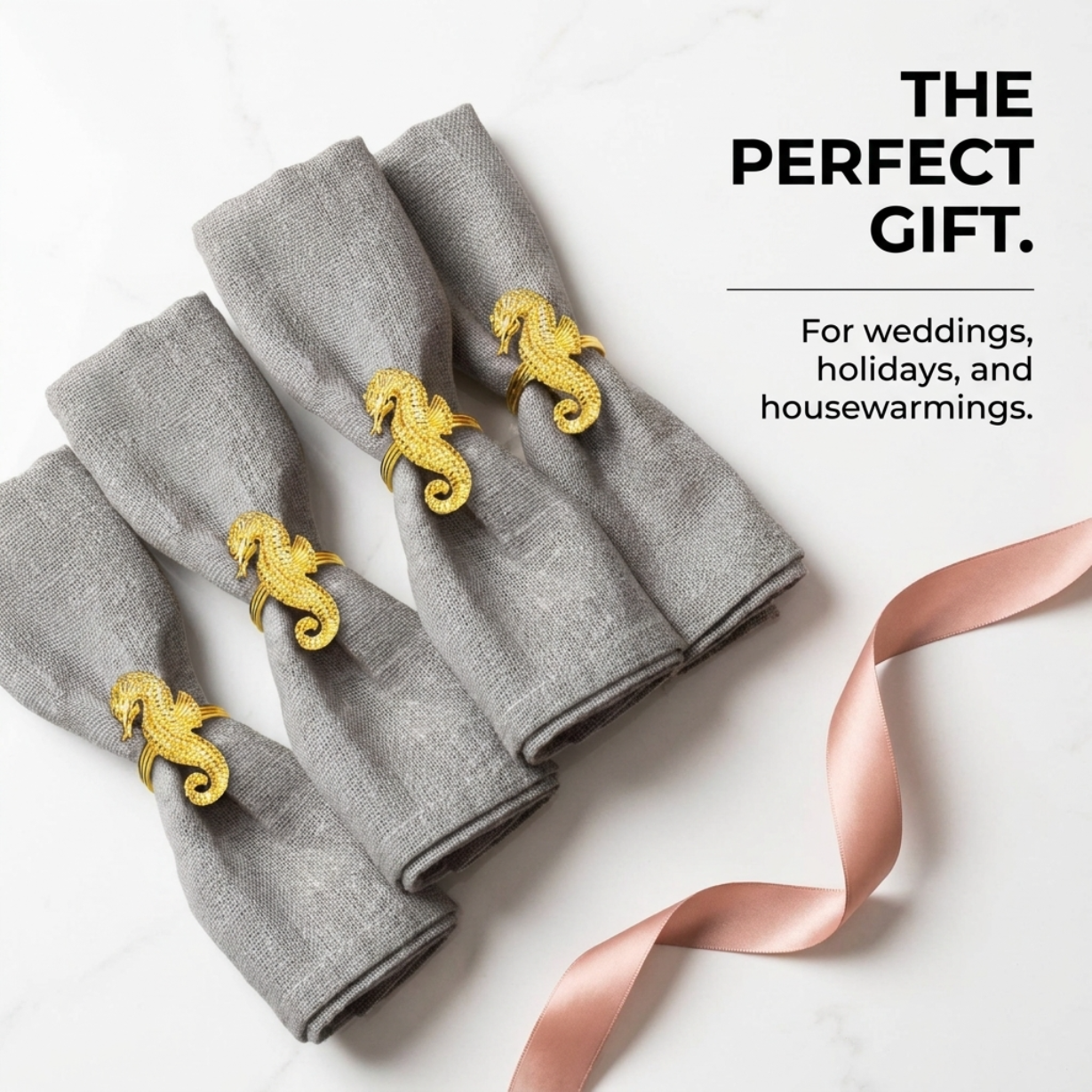 Gold Seahorse Napkin Rings – Elegant Coastal Table Decor Rings for Dining