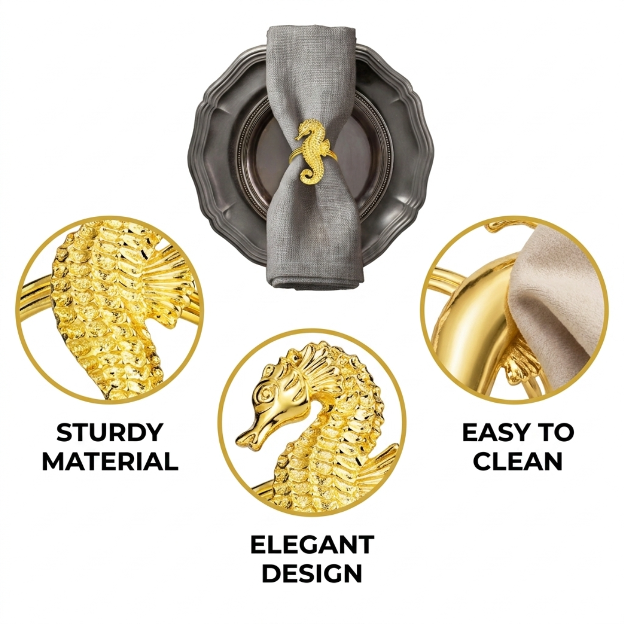 Gold Seahorse Napkin Rings – Elegant Coastal Table Decor Rings for Dining