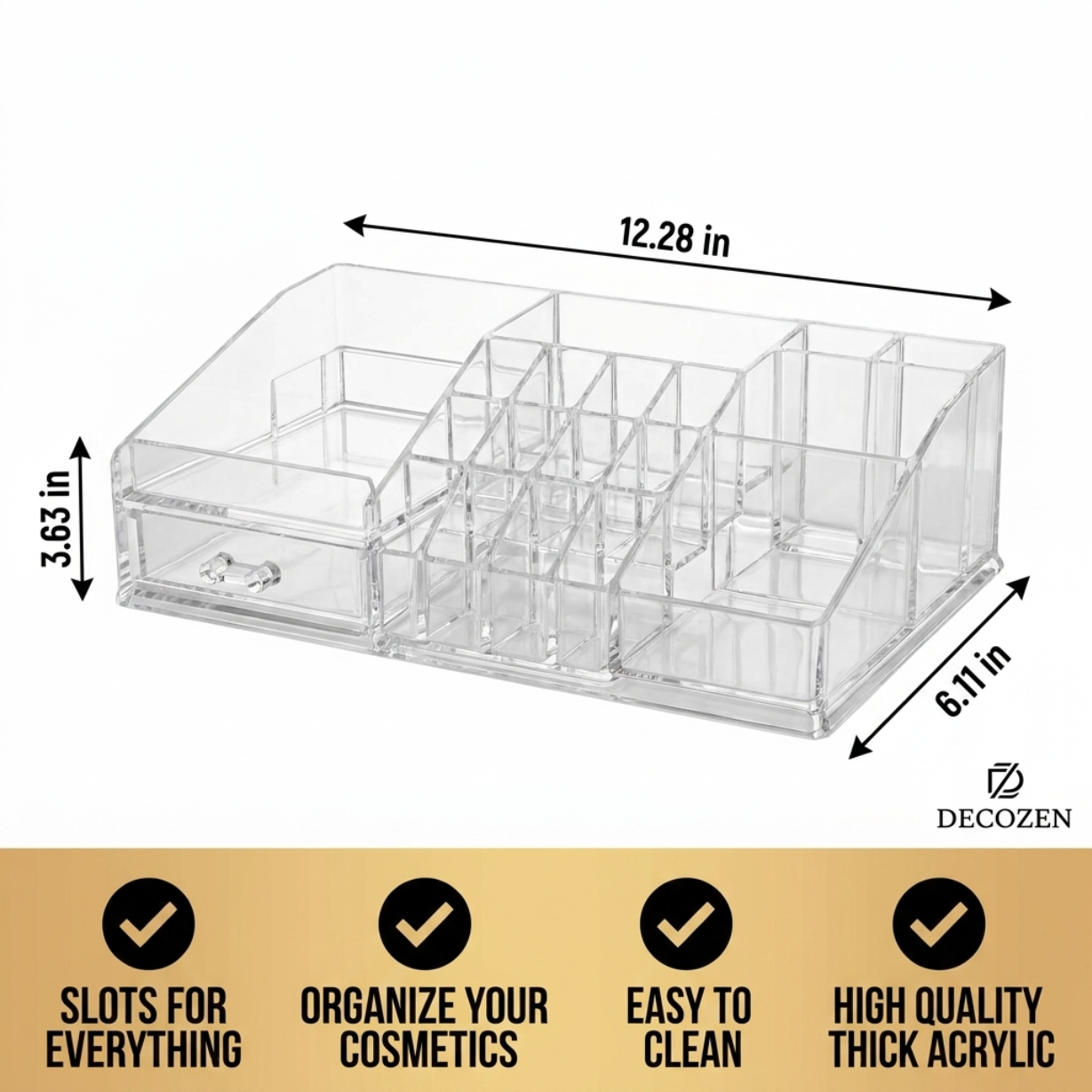 Clear Makeup Organizer - Acrylic Cosmetic Storage Box with 19 Slots & Drawer