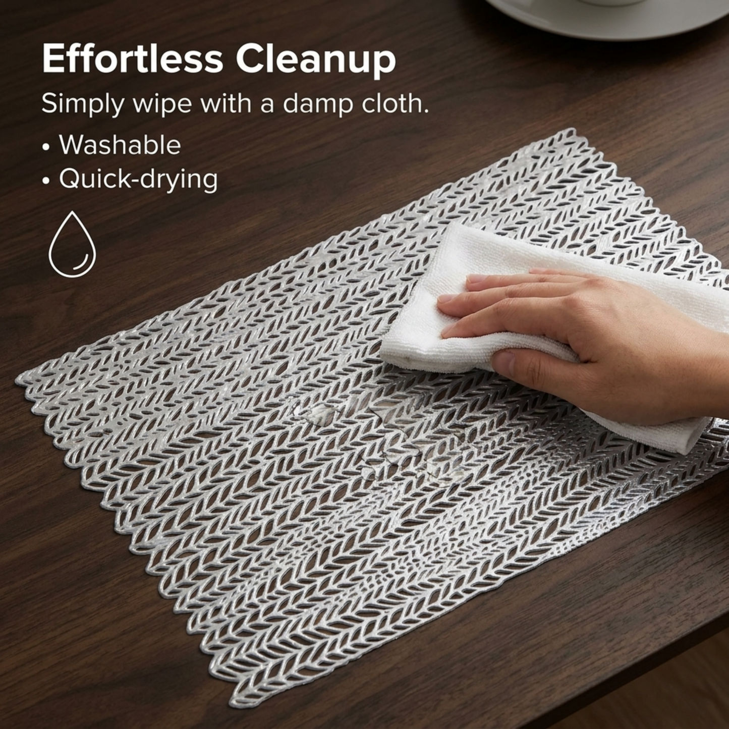 PVC Placemats - Silver Set of 6 | Heat Resistant Non Slip Table Mats for Dining