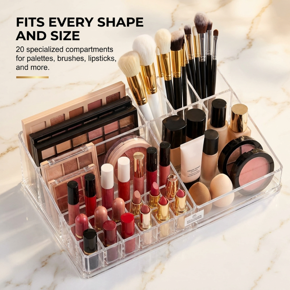 Clear Makeup Organizer - Acrylic Cosmetic Holder with 21 Slots & Lipstick Storage