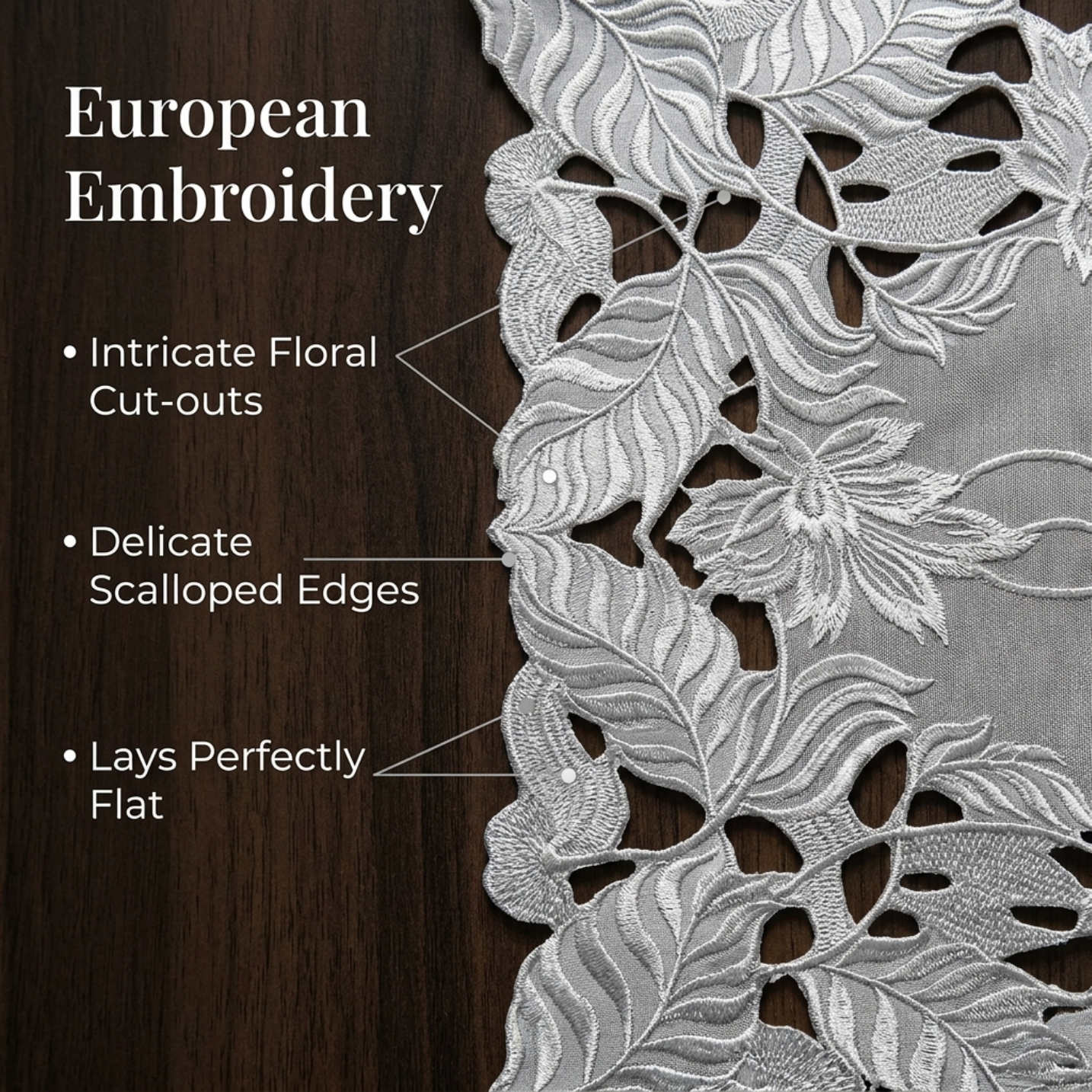 European Embroidered Table Runner - Gray Rustic Dining Linen Decor 14x108 Inches