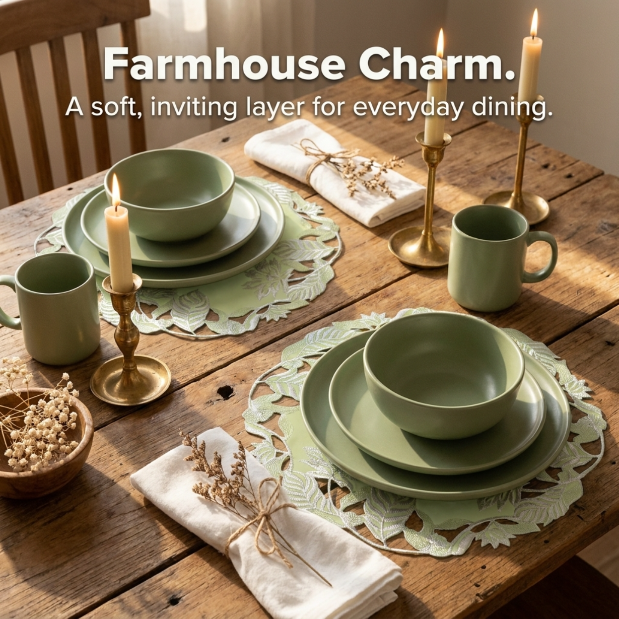 Linen Placemat Doilies - Light Green Round Embroidered Table Mats for Dining
