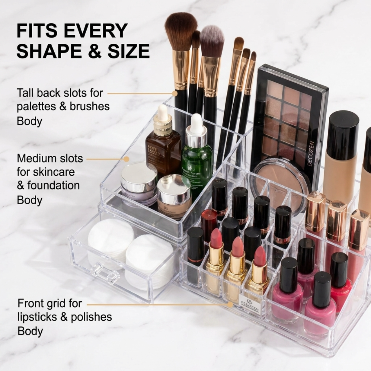 Clear Makeup Organizer - Acrylic Cosmetic Storage Box with 19 Slots & Drawer