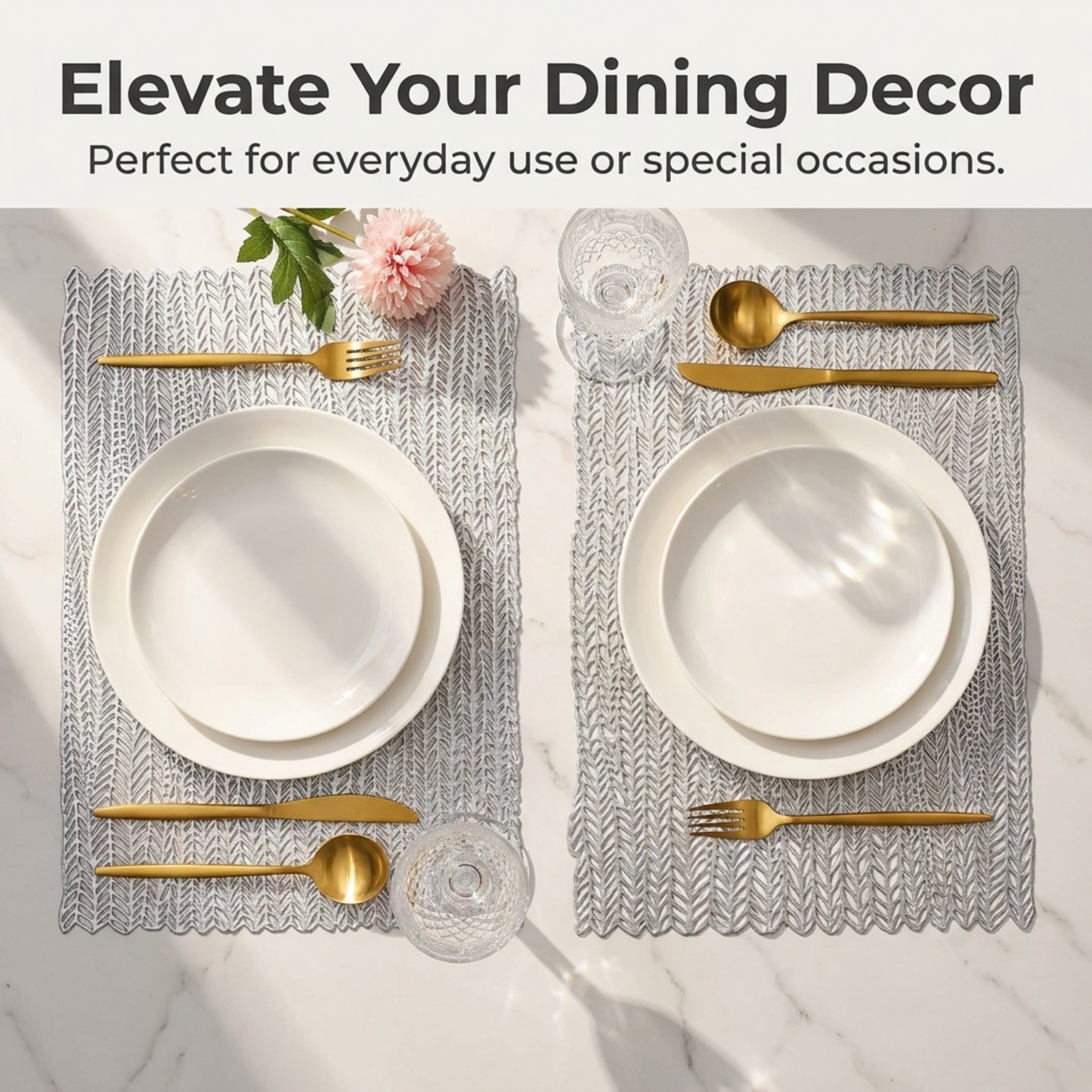 PVC Placemats - Silver Set of 6 | Heat Resistant Non Slip Table Mats for Dining