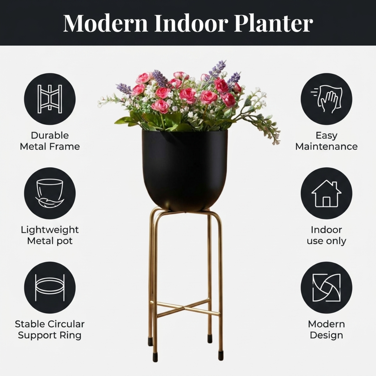 Planter With Metal Stand – Indoor Floor Standing Pot & Decorative Flower Holder