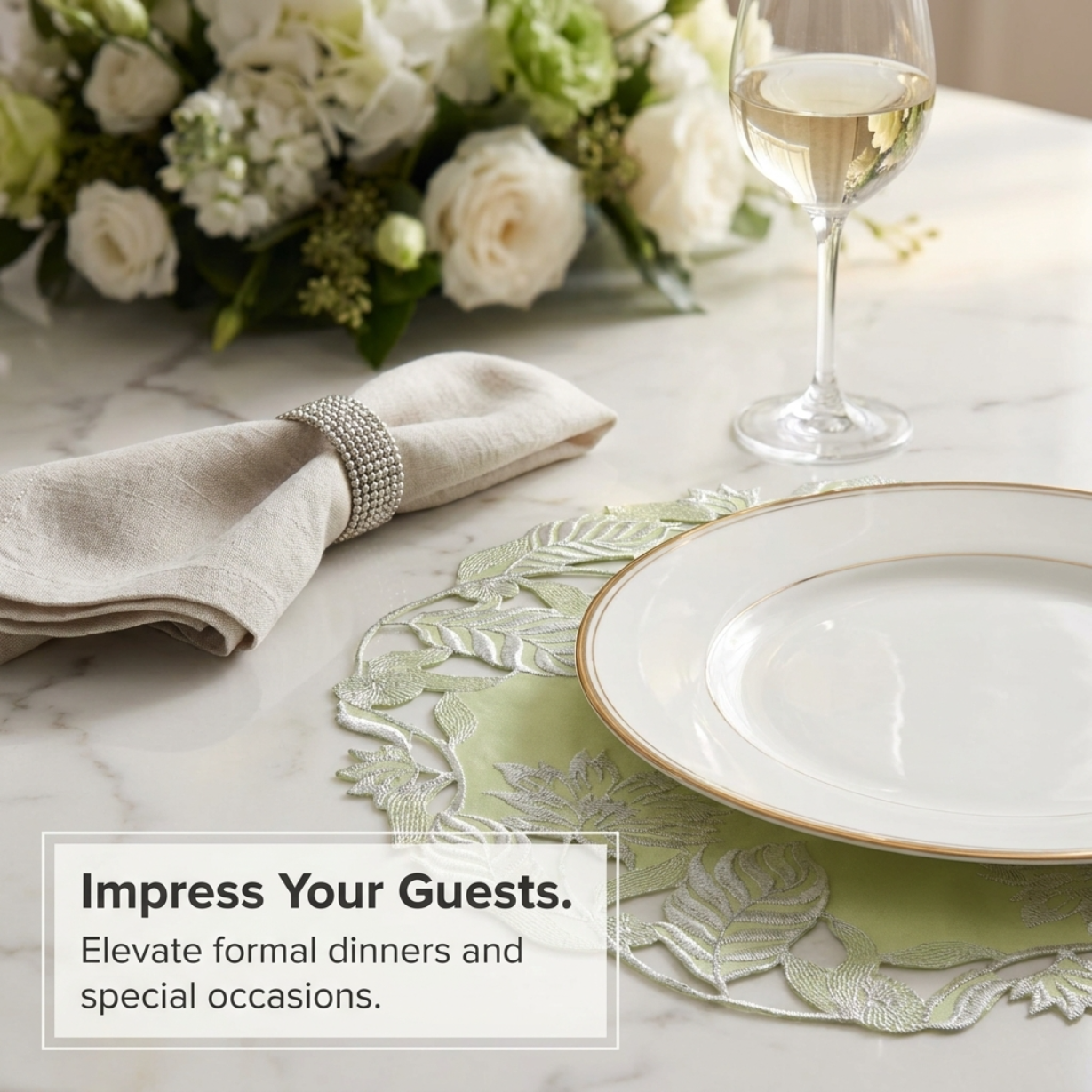 Linen Placemat Doilies - Light Green Round Embroidered Table Mats for Dining
