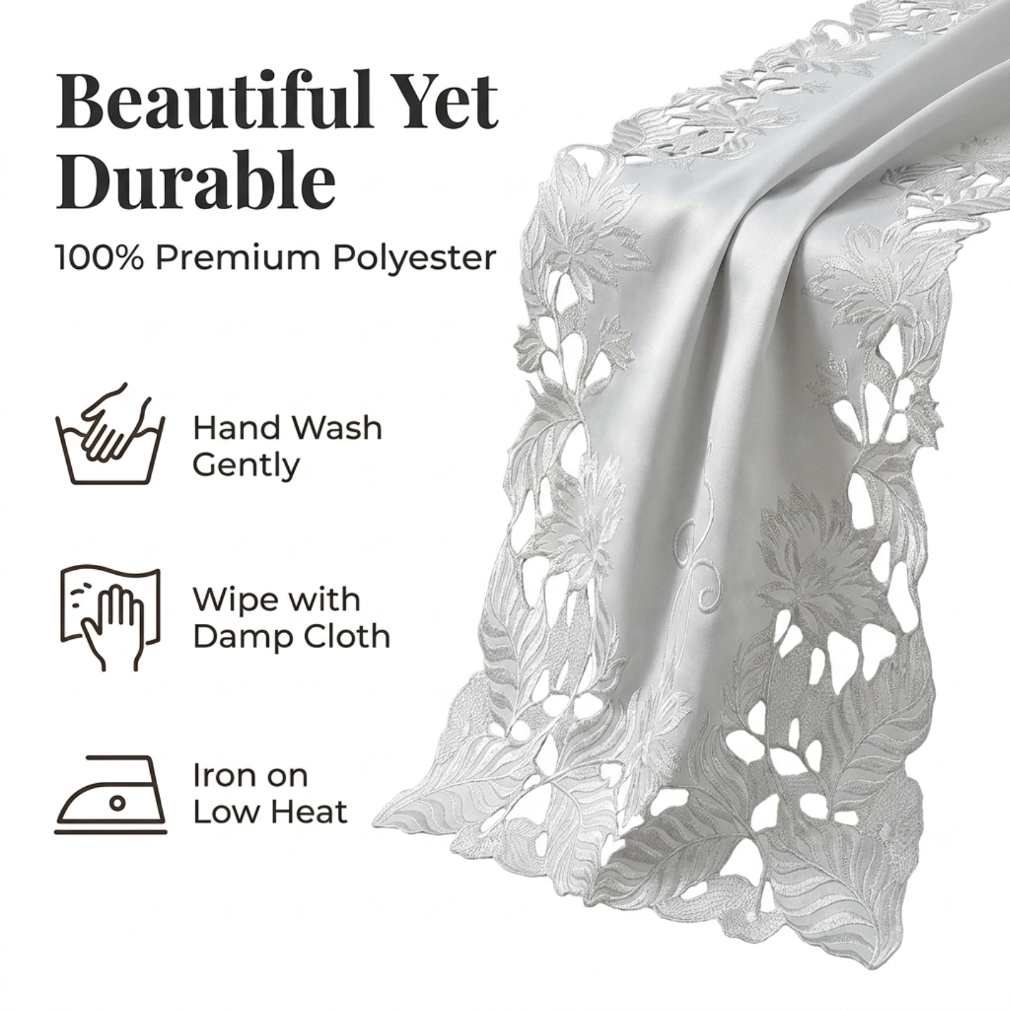 European Embroidered Table Runner - Gray Rustic Dining Linen Decor 14x108 Inches