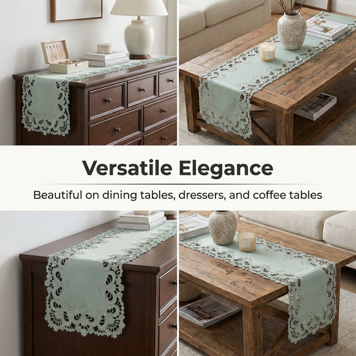 European Embroidery Table Runner – Gray Rustic Linen for Indoor Outdoor Use