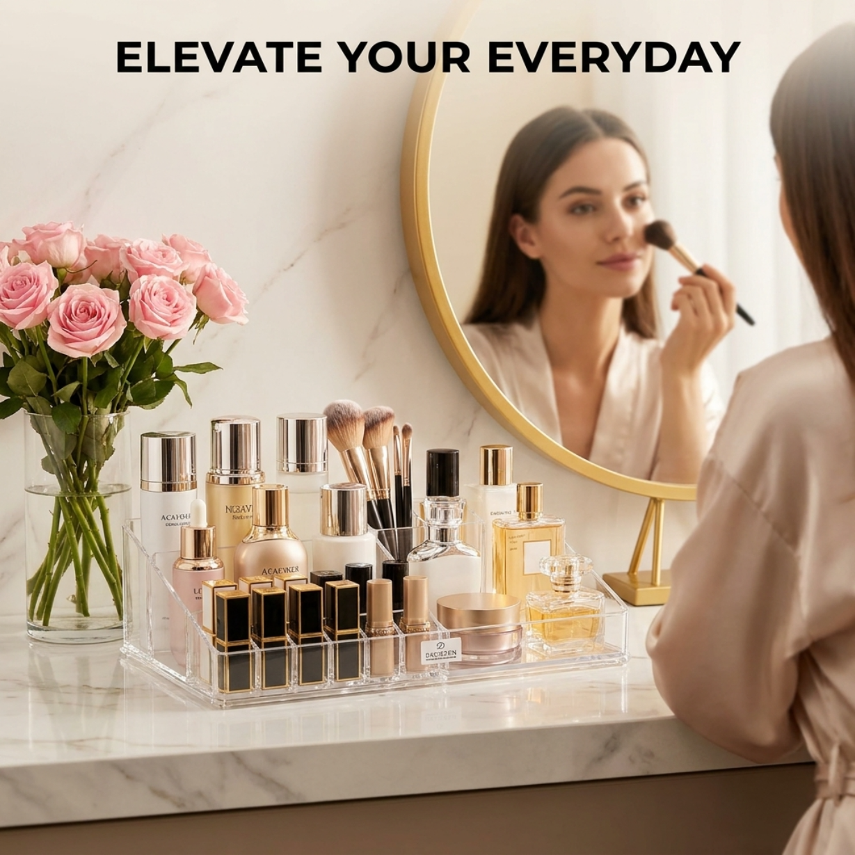 Clear Makeup Organizer - Acrylic Cosmetic Holder with 21 Slots & Lipstick Storage