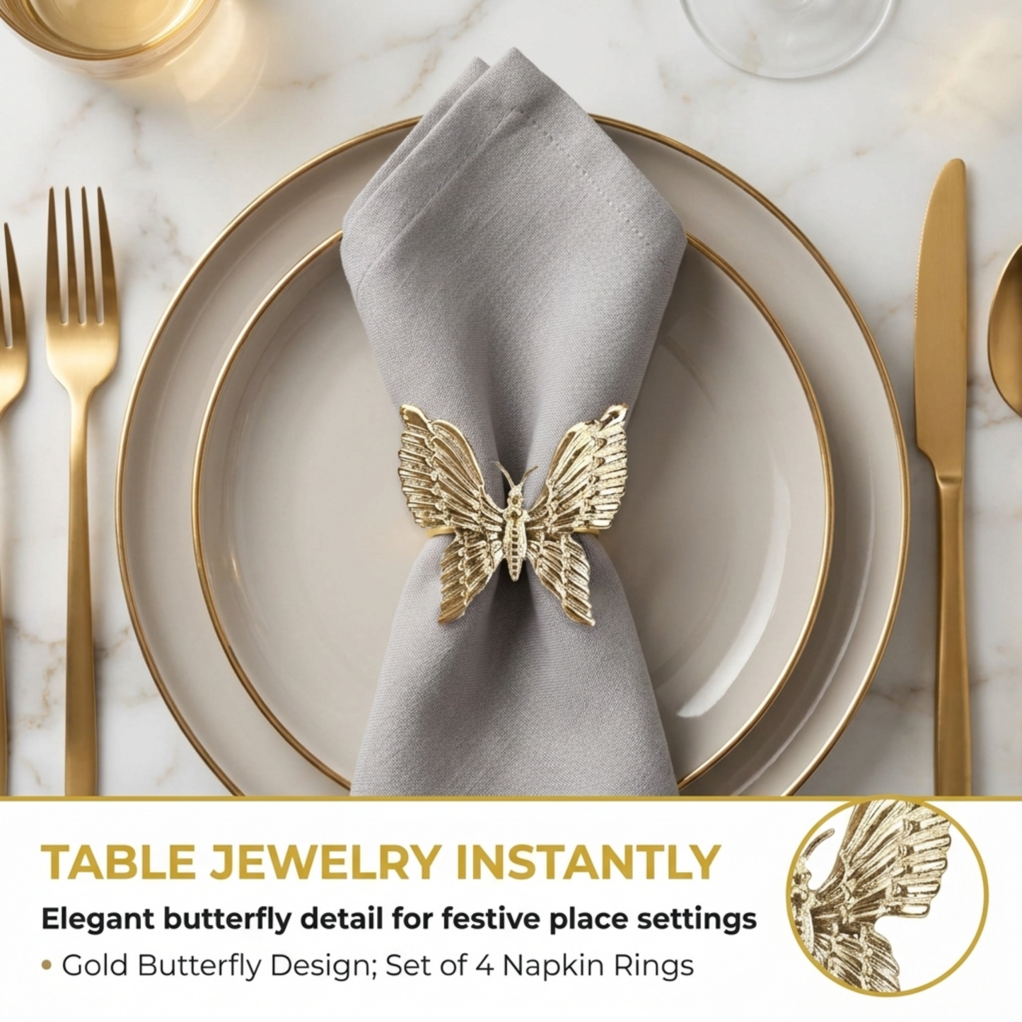 Gold Butterfly Napkin Rings – Elegant Decorative Table Setting Accessories for Dining